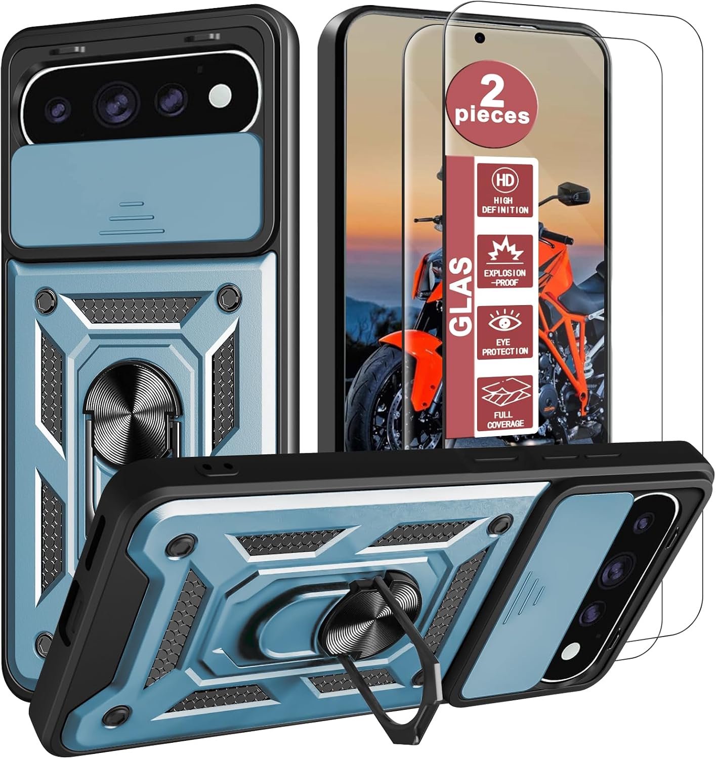 Beschermhoes voor Google Pixel 11 5G/11 Pro 5G met draaibare standaard en camerabescherming, met 2 stuks gehard glas, stootvaste siliconen hoes, militaire standaard (groen)