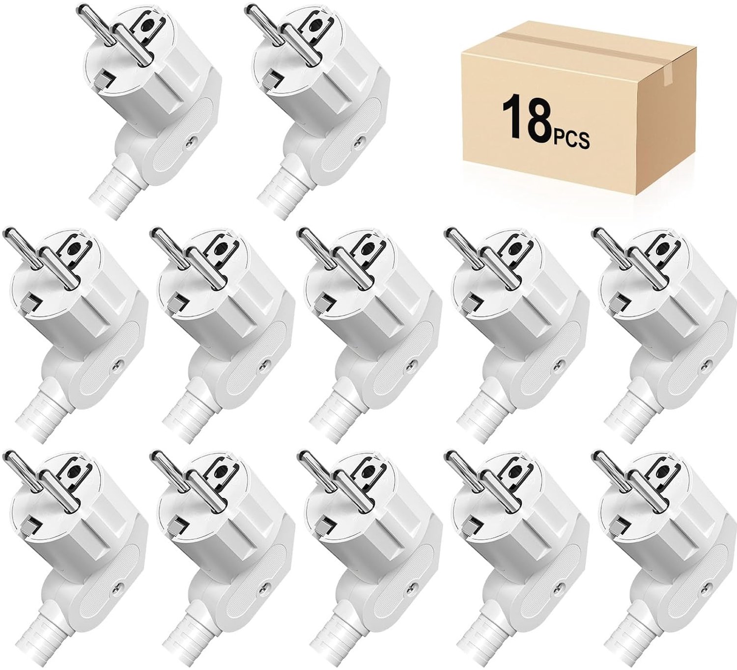 Schuko stekker, hoekstekker, 18 stuks, geaarde stekker met knikbeschermingsaansluiting, stekker 250V (16A), PABANCE stroomstekker, hoekstekker, waterdicht, voor 8-10 mm kabel, wit
