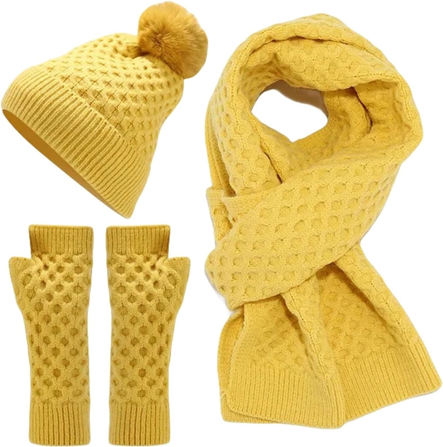 Winter Hat Scarf Gloves Set Knitted Three Piece Hats Scarf Gloves Set Autumn Winter Fingerless Long Glove