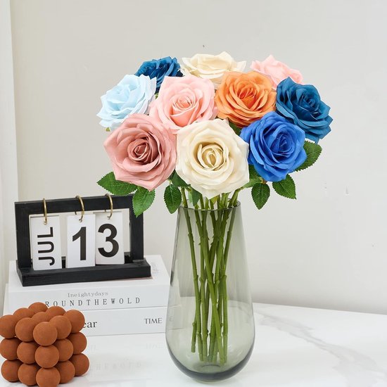 12 stuks kunstmatige zwarte rozen zijden bloemen, enkele lange steel nep roos bruids bruiloft boeket realistische bloem voor thuis verjaardagsfeestje arrangement tuin taart decoratie (groen) — afbeelding 5