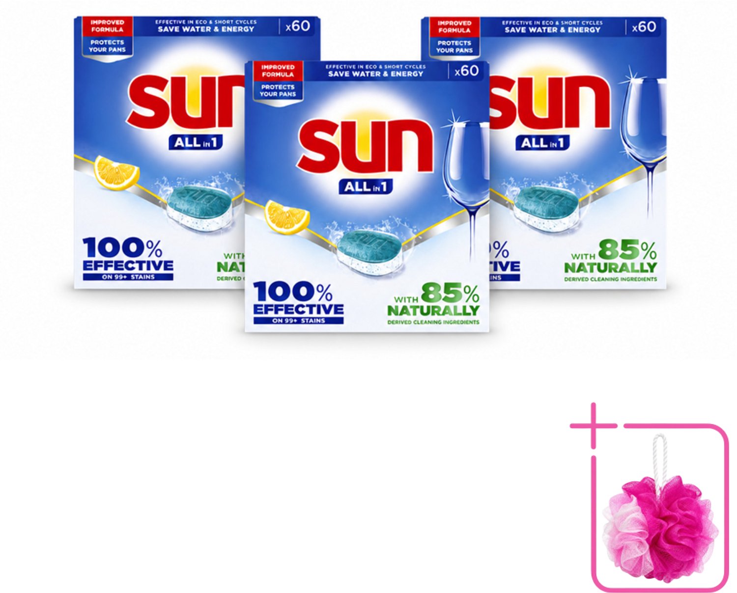 3 x Sun - Vaatwastabletten - All-in-1 Citroen - 60 tabletten - Bulkverpakking - Vaatwastabletten citroen - Douchemop - Vaatwasmiddel