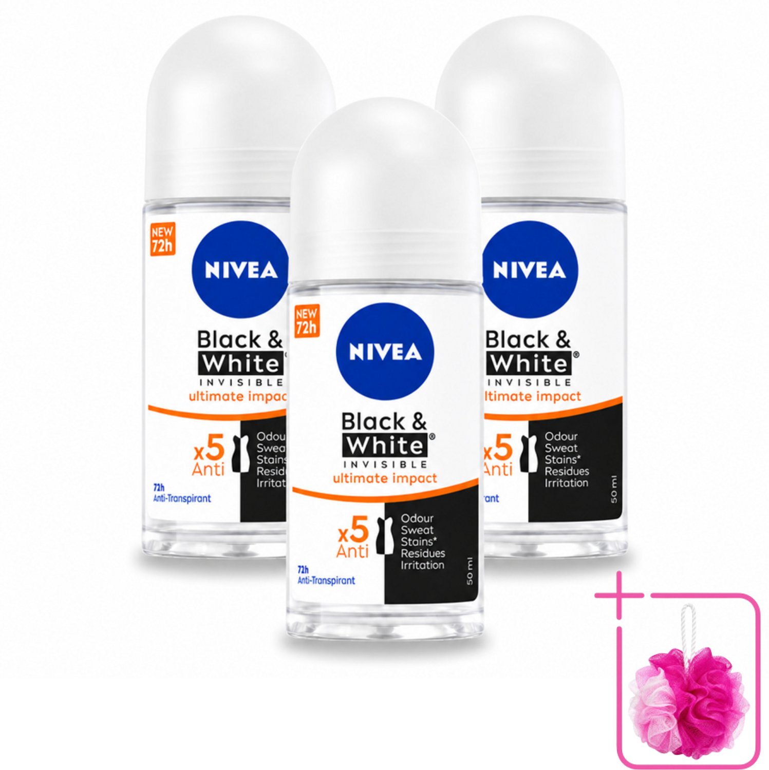 3 x NIVEA - Deodorant Roller - Zwart & Wit Ultieme Impact - 72 Uur Anti-Transpirant - 50 ml - Bulkverpakking - Deodorant roller - Anti-vlek