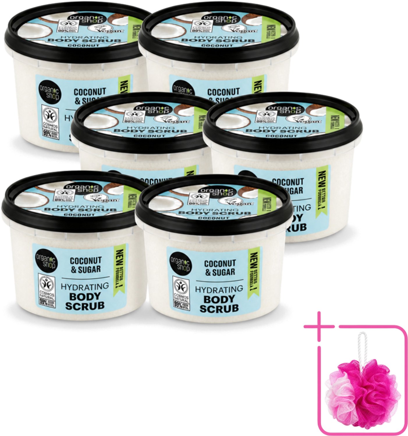 6 x Organic Shop - Hydrating Body Scrub Coconut - Diep Voedend - 250 ml - Bulkverpakking - Hydratatie - Douchemop - Exfoliatie