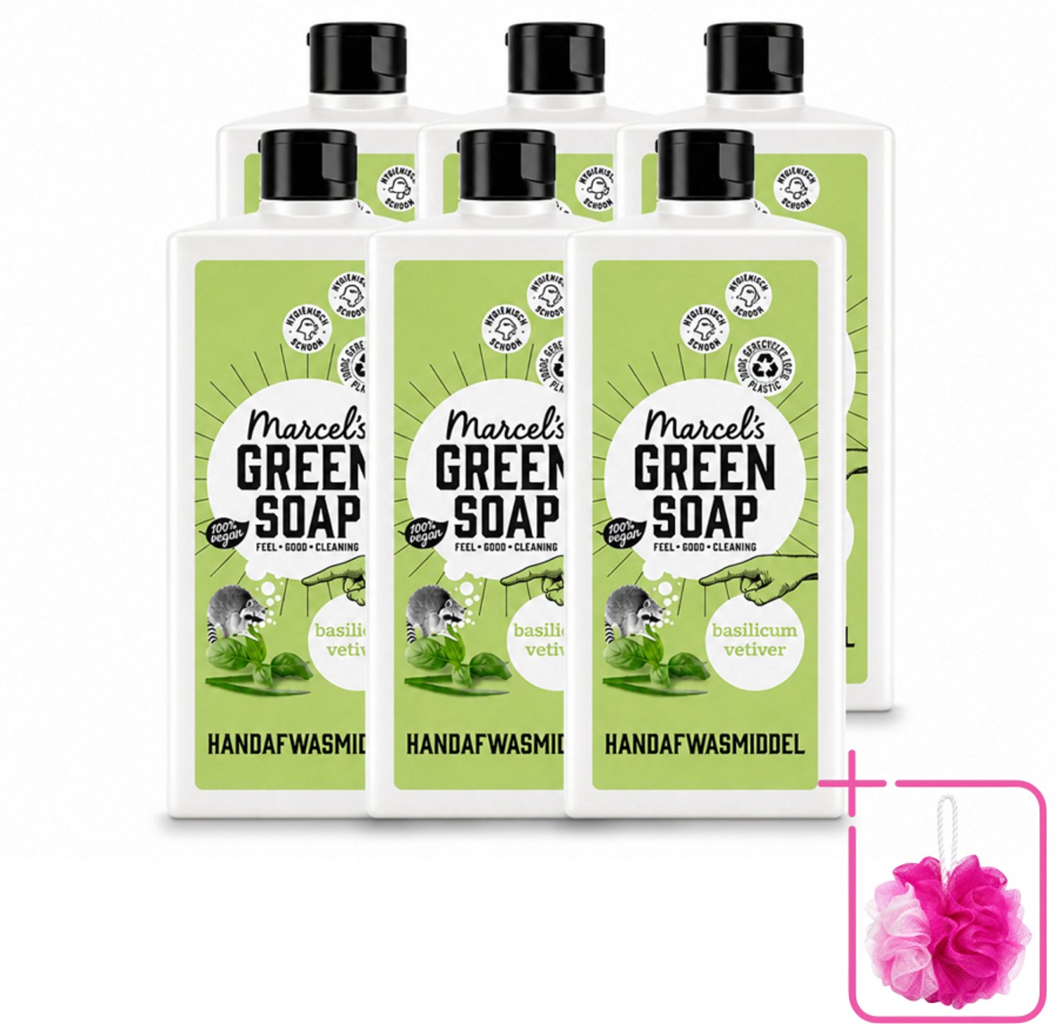 6 x Marcel's Green Soap - Afwasmiddel - Basilicum & Vetiver Gras - Plantaardig & duurzaam - 500 ml - Bulkverpakking - Afwasmiddel - Douchemop - Plantaardig afwasmiddel