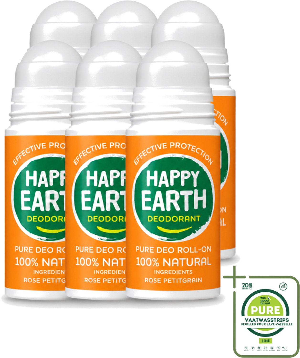 6 x Happy Earth – Deodorant Roll-On – 100% Natuurlijk Rose Petitgrain – 75 ml - Grootverpakking - Natuurlijke Deodorant - Roll-on Deodorant - Bloemige Geur - Frisse Geur - Huidvriendelijk