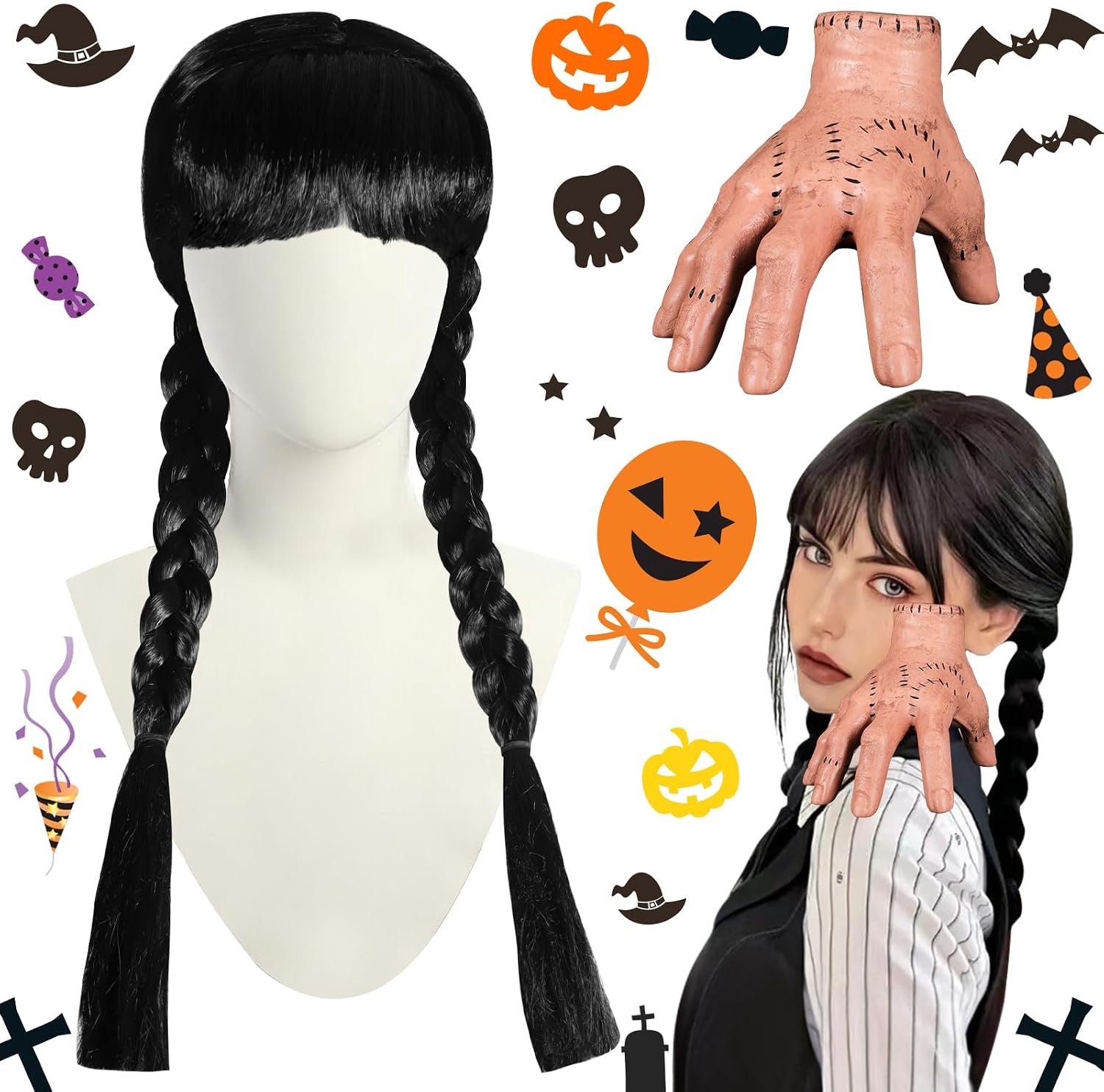 Wednesday latex handen, woensdag pruik, zwarte gevlochten pruiken met 1 haarnet, handjes, -rekwisieten, decoraties voor cosplay, party, carnaval, Halloween