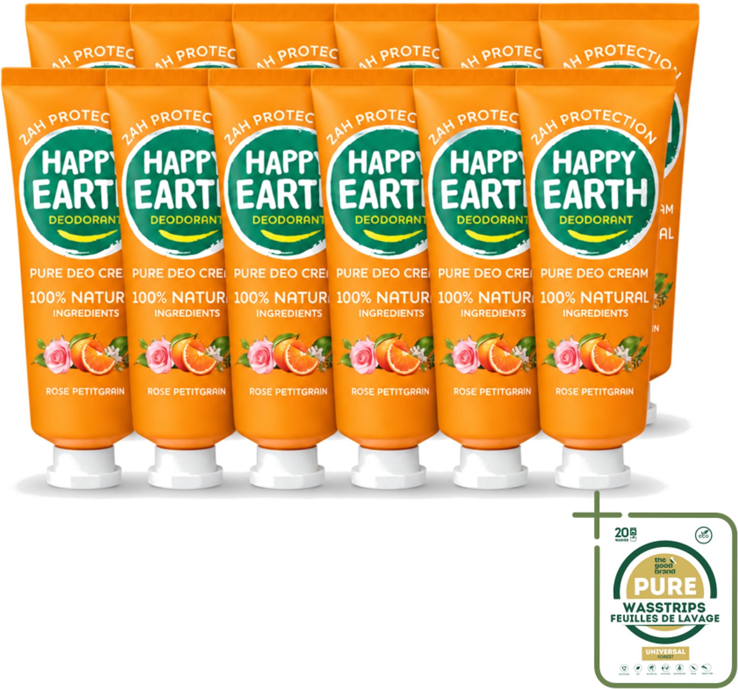 12 x Happy Earth – Deodorant Cream – 100% Natuurlijk Rose Petitgrain – 40 ml - Wasstrips - 100% Natuurlijk Deodorant - Fris Geur - Bloemige Geur - Deodorant Crème - Anti-irritatie