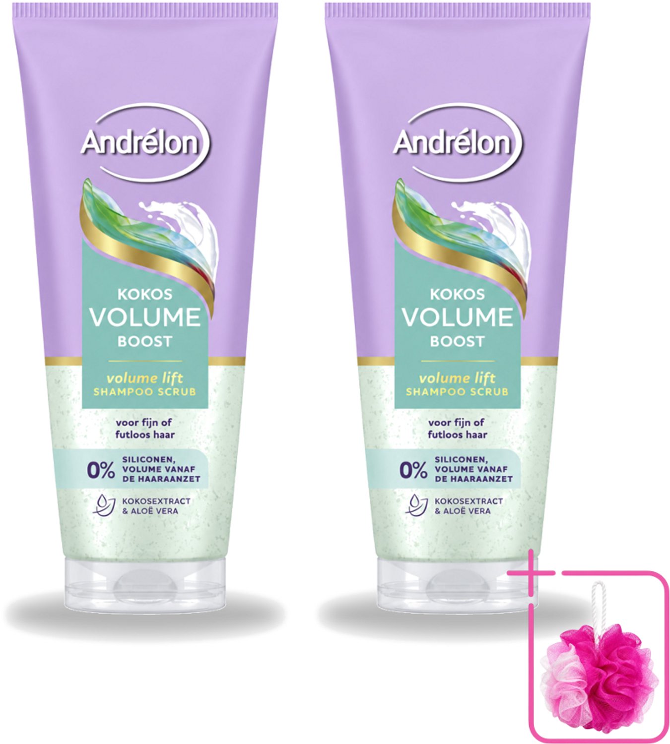 2 x Andrélon – Shampoo Scrub – Kokos Volume Boost – 200 ml - Bulkverpakking - Haarkleur - Douchemop - Haartype