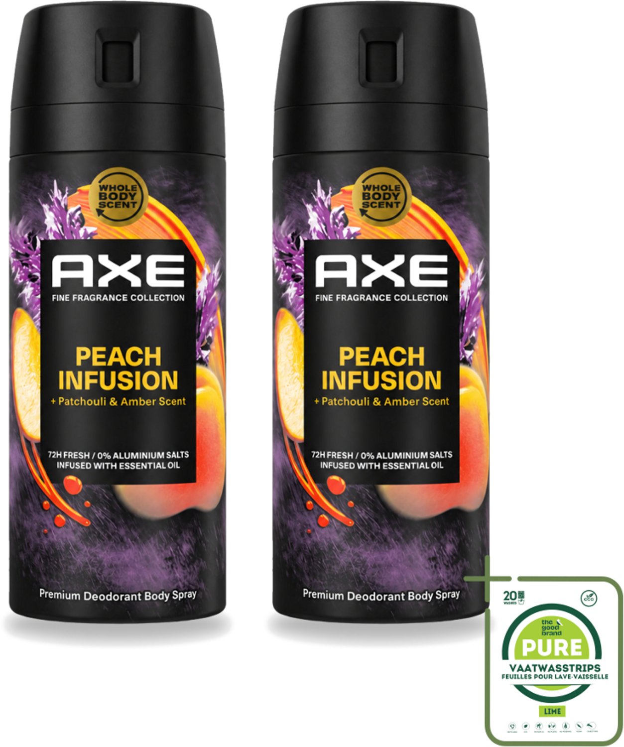 2 x Axe – Deodorant – Peach Infusion – 150 ml - Grootverpakking - Vaatwasstrips - Axe Deodorant - Bodyspray - Geur - Lichaamsgeur - Frisheid