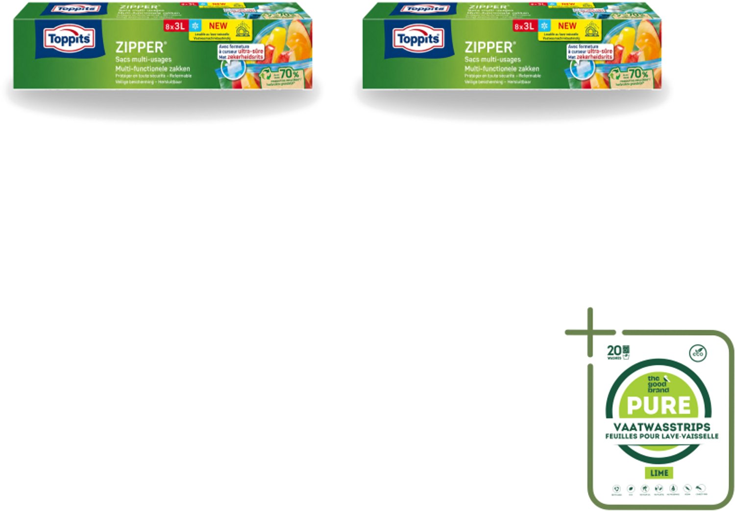 2 x Toppits – Zipper Multifunctionele Zakken – 3 Liter – 8 Zakjes - Grootverpakking - Vaatwasstrips - Zipper Zakken - Lekvrij - Herbruikbaar - Invriezen - Marineren