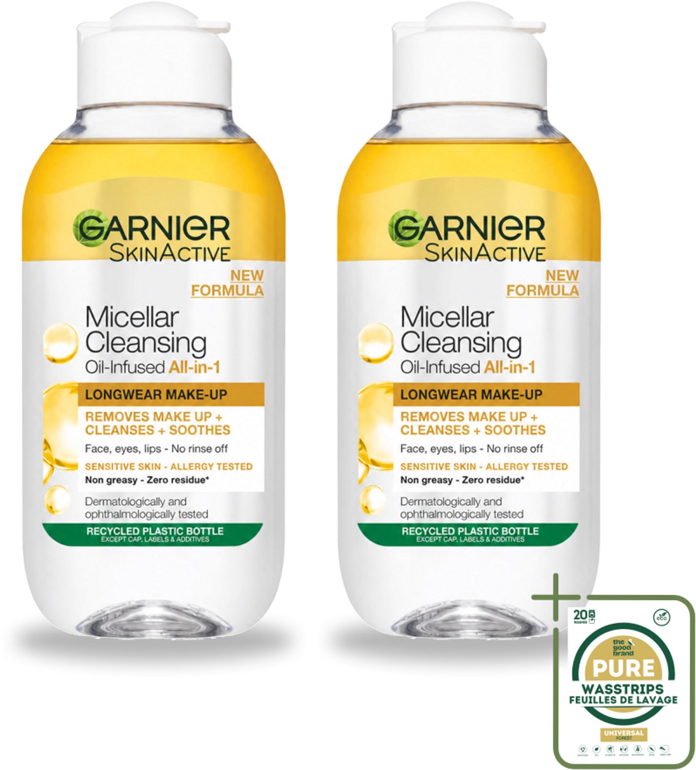 2 x Garnier - Micellair Reinigingswater - Olie - 100 ml - Wasstrips - Make-up Verwijderen - Micellair Reinigingswater - Gezicht Reinigen - Olie Voor Huid - Waterproof Make-up Verwijderen