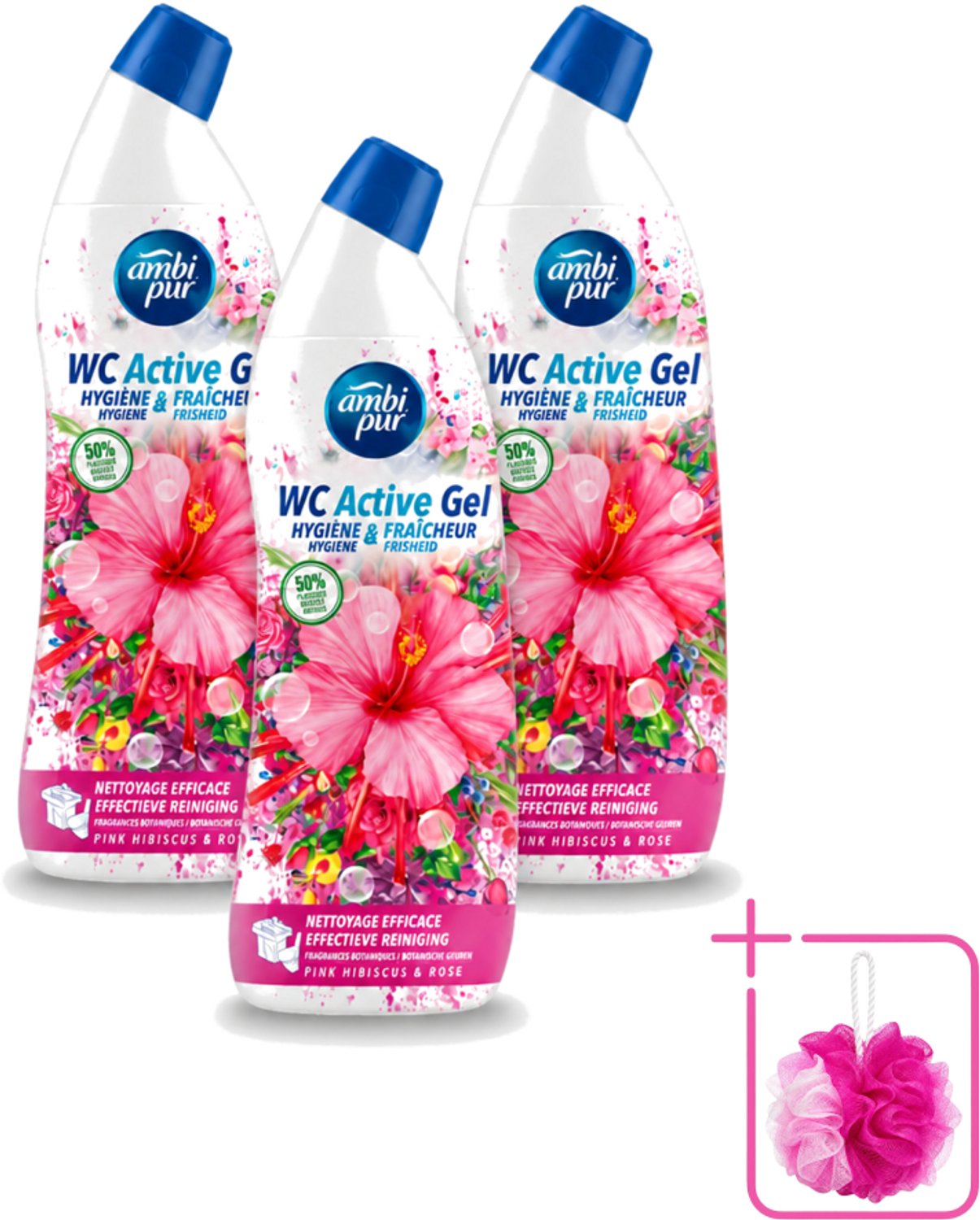 3 x Ambi Pur - Toiletreiniger - WC Active Gel - Hibiscus & Roos - 750 ml - Bulkverpakking - Toiletreiniger - Douchemop - Wc reinigen