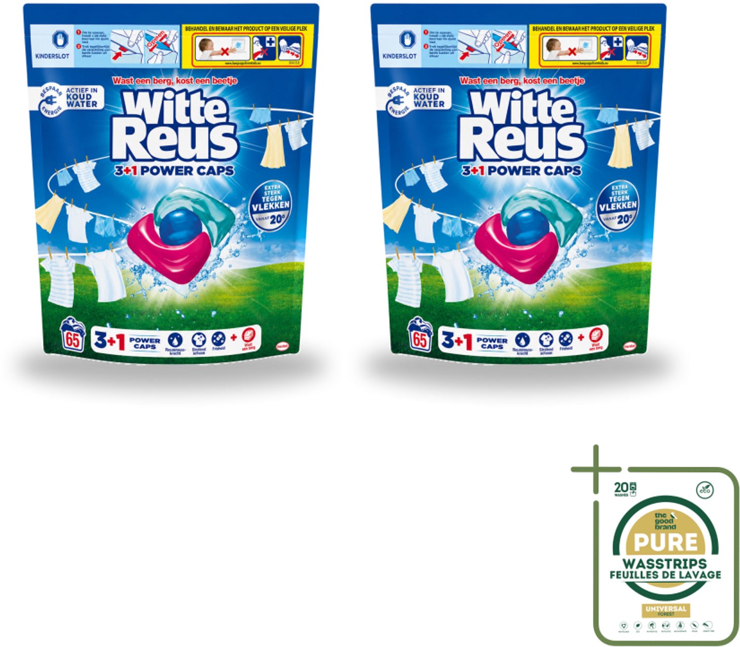 2 x Witte Reus - 3+1 Power Caps - Witte Was - 65 Wasbeurten - Wasstrips - Wasmiddel - Witte Reus - Power Caps - Wasresultaat - Vlekverwijdering