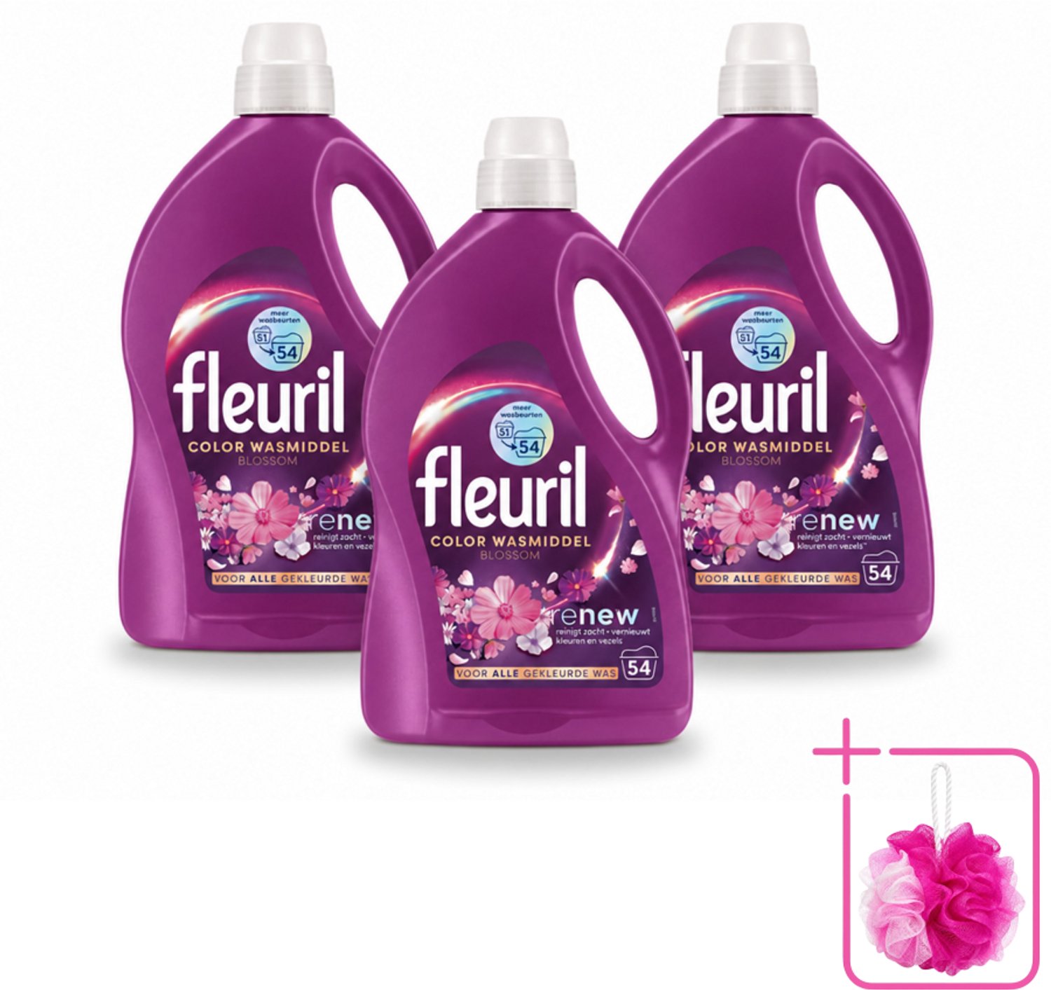3 x Fleuril - Wasmiddel - Color Blossom Vloeibaar Wasmiddel - Kleurbehoud & Bloemige Geur - 54 wasbeurten - Bulkverpakking - Kleurbehoud - Douchemop - Wasmiddel voor gekleurde kleding