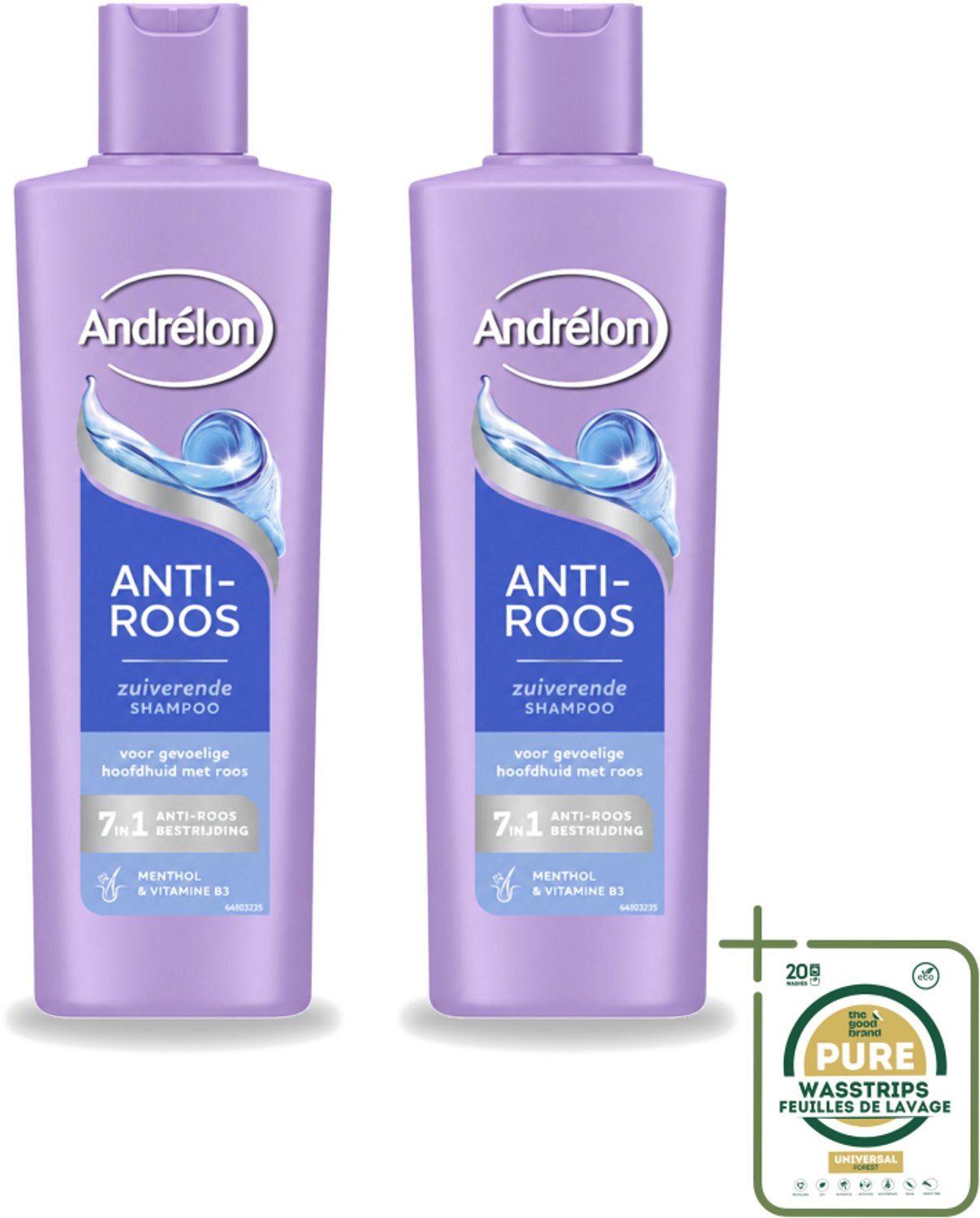 2 x Andrélon – Shampoo – Anti Roos – 250 ml - Wasstrips - Anti-roos Shampoo - Roos - Gevoelige Hoofdhuid - Menthol - Vitamine B3