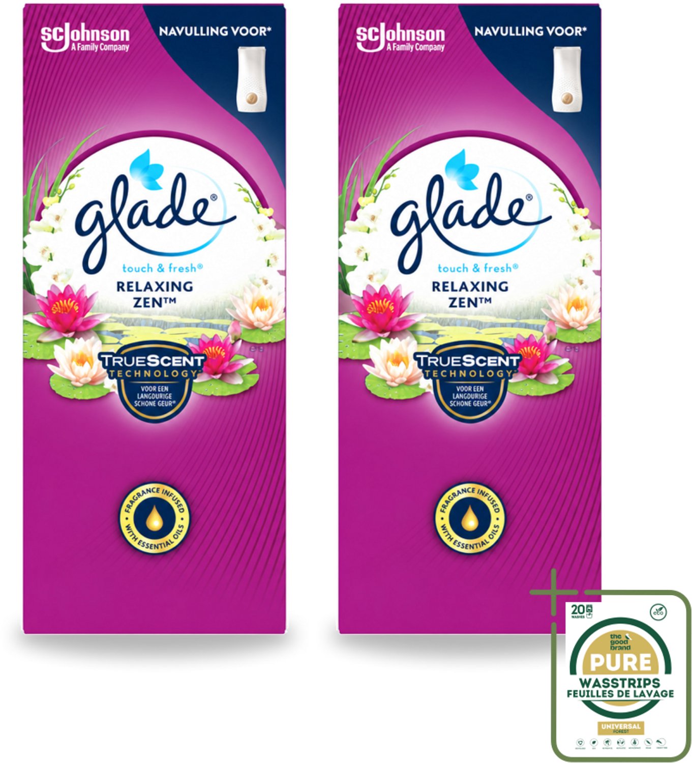 2 x Glade – Touch & Fresh Navulling – Relaxing Zen – 10 ml - Wasstrips - Luchtverfrisser - Geurboost - Frisse Geur - Ontspannende Geur - Sandelhout