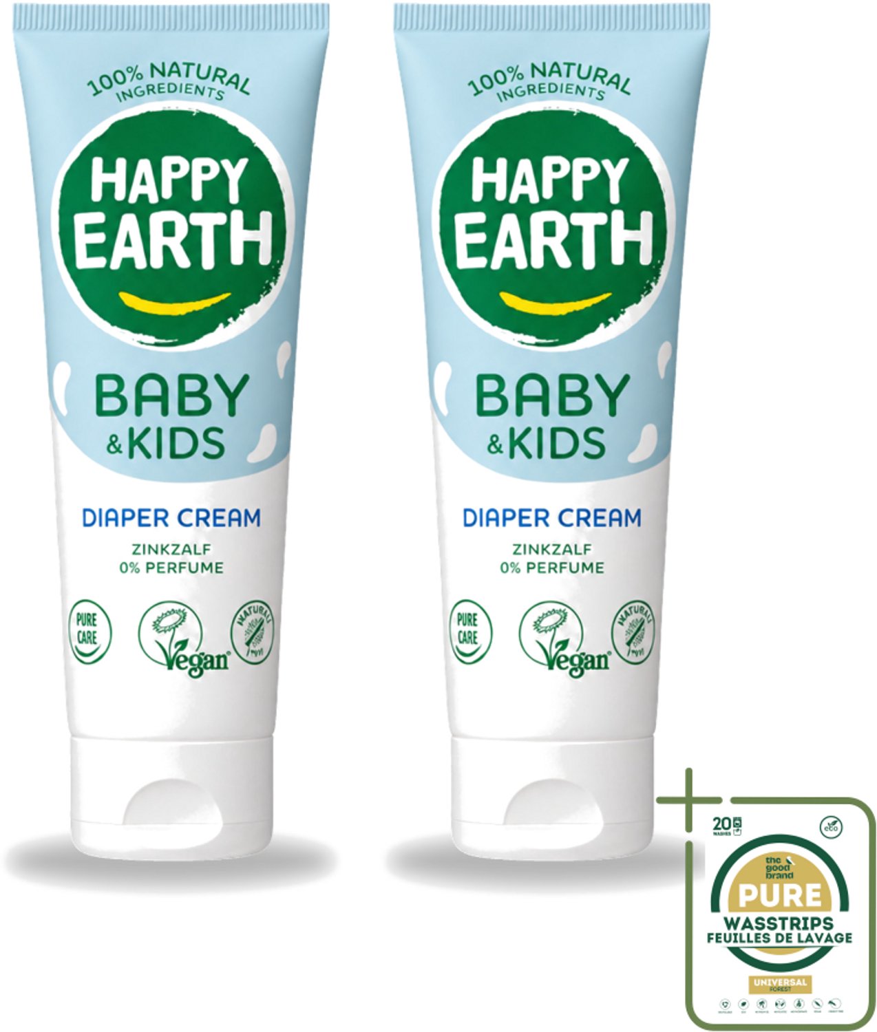 2 x Happy Earth – Diaper Cream – 100% Natuurlijk Baby & Kids – 75 ml - Wasstrips - Babybillen Crème - Luieruitslag Voorkomen - Gevoelige Huid - Zink Oxide Crème - Natuurlijke Crème