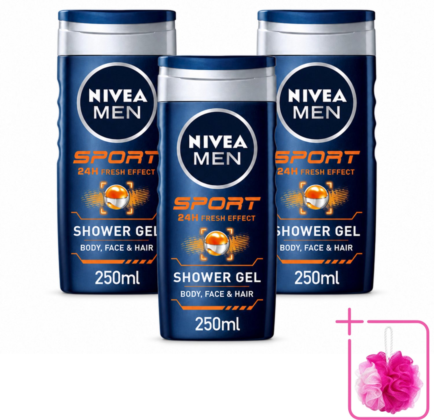 3 x NIVEA MEN – Douchegel – Sport – 250 ml - Bulkverpakking - Sportdouchegel - Douchemop - Fris na sporten