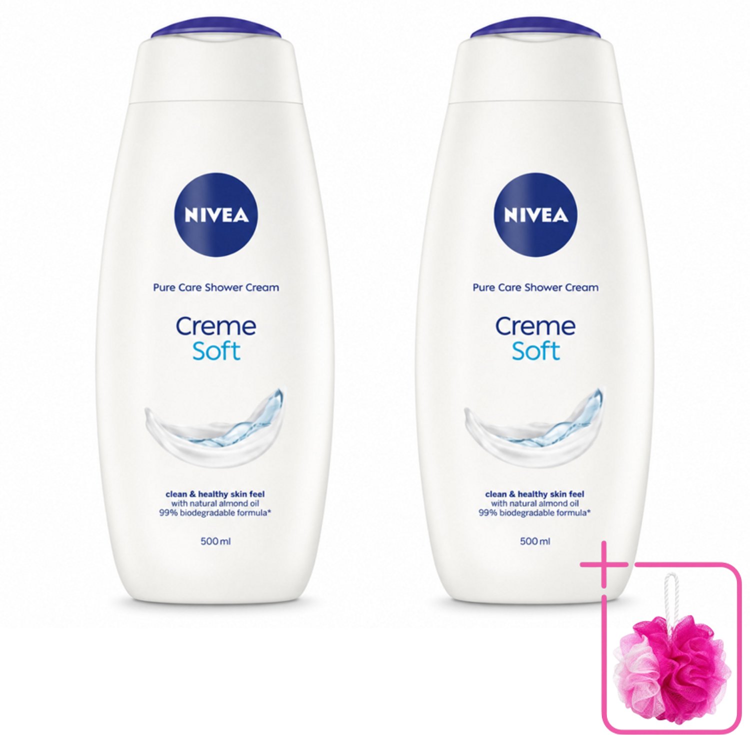 2 x NIVEA - Douchecrème - Zacht - Huidbeschermend - Amandelolie - 500 ml - Bulkverpakking - Douchecrème - Douchemop - Huid verzorgen