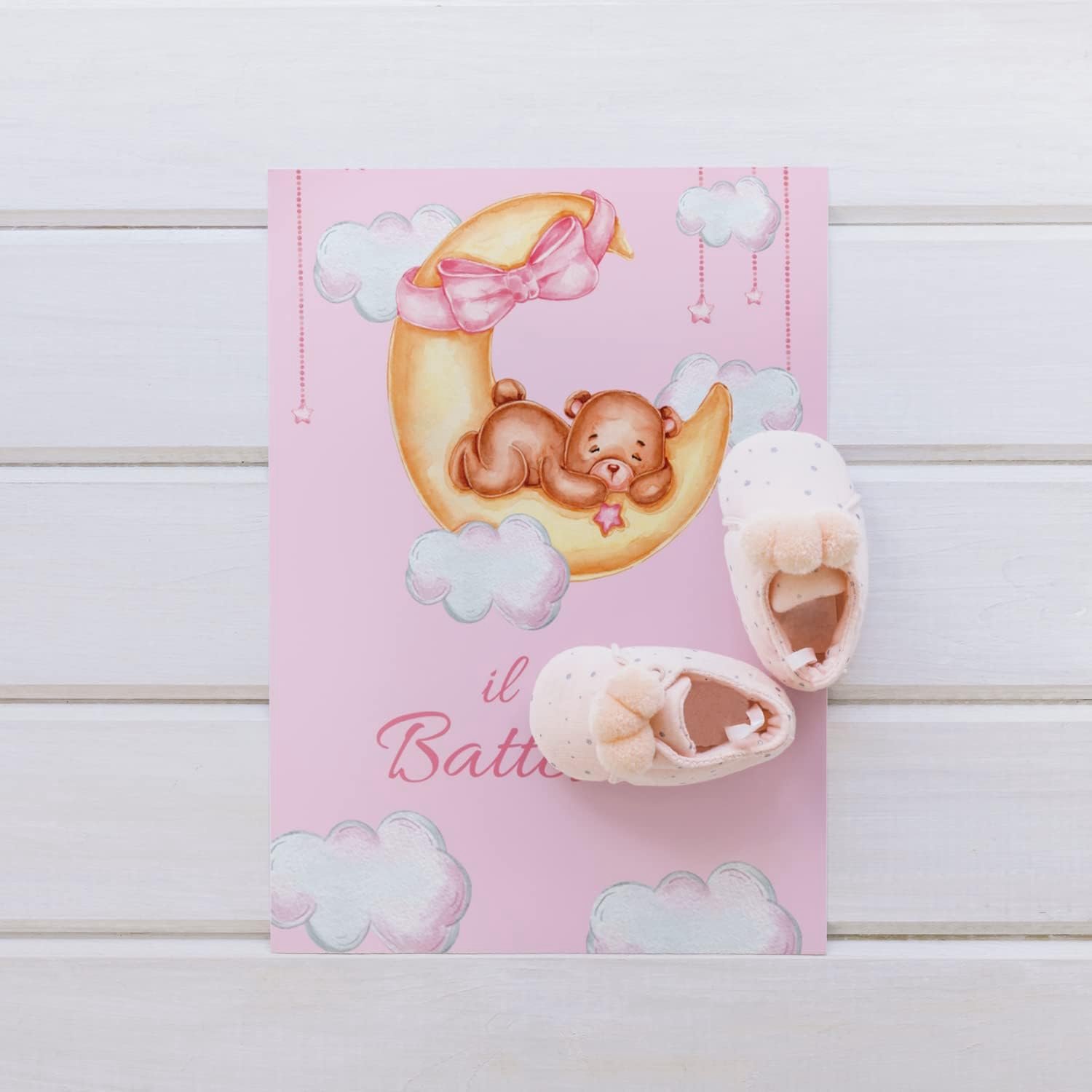Uitnodigingskaarten voor de eerste doop, voor en achter, voor jongens/meisjes, 20 stuks, afbeelding naar keuze, eenvoudig met naam en datum, gedrukt op karton 300 g/m, 95 x 150 mm (roze)
