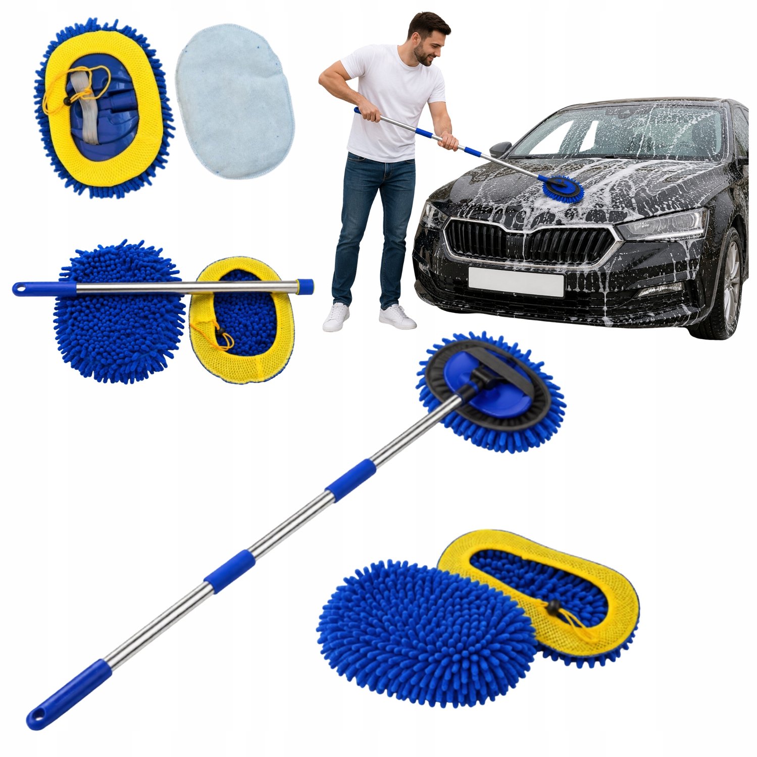 Telescopische Autowasborstel 110cm met Microfiber & 180° Draaibare Kop