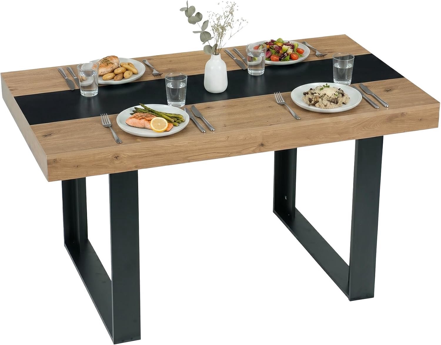 Eettafel, 140 x 80 cm, modern eetkamermeubel in eikenlook met zwart fijn linnen decor, stabiele keukentafel, rechthoekig, voor 4-6 personen, eettafel, houten tafel voor eetkamer, keuken