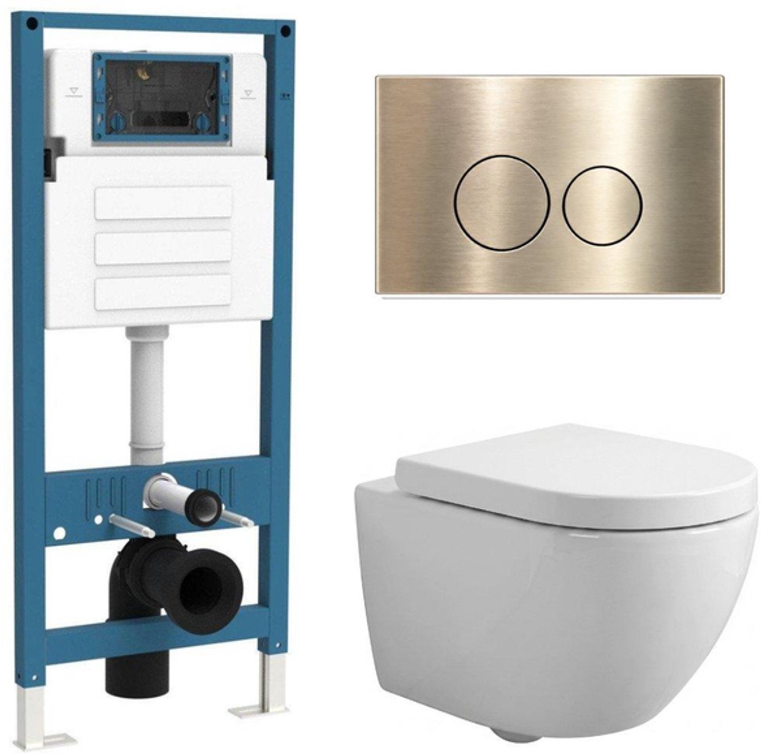 QeramiQ Dely Swirl Compact Toiletset - inbouwreservoir QeramiQ flush - 25mm zitting - metalen bedieningsplaat messing geborsteld (goud) - ronde knoppen - glans wit