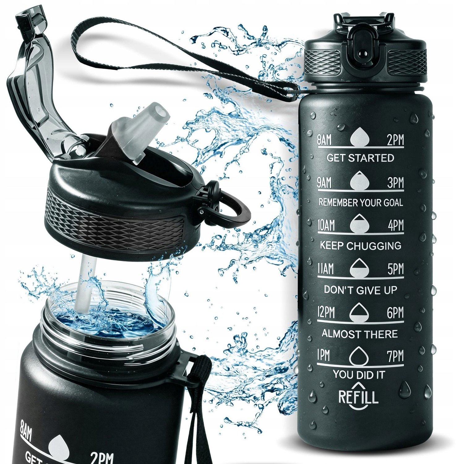 Motiverende Waterfles 1000ml met Rietje - BPA Vrij & Lekvrij