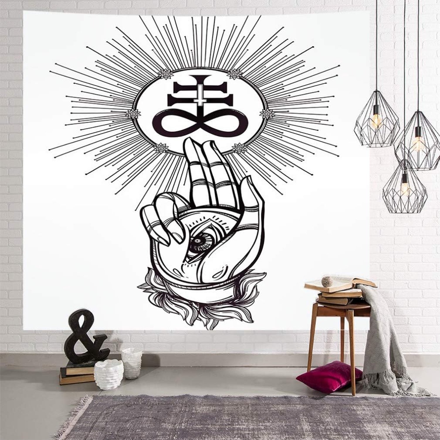 Wandtapijt, zwart-wit lijn kunst tapijt, boheemse fresco tapijt achtergrond doek, voor woonkamer slaapkamer (150 * 200cm)