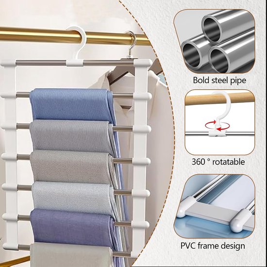 3 stuks broekhangers, ruimtebesparende broekhangers, opvouwbaar, antislip, kledinghanger, meervoudige kledinghanger, wit, kledingkast, organizer voor broeken, jeans, sjaals, handdoeken — afbeelding 3