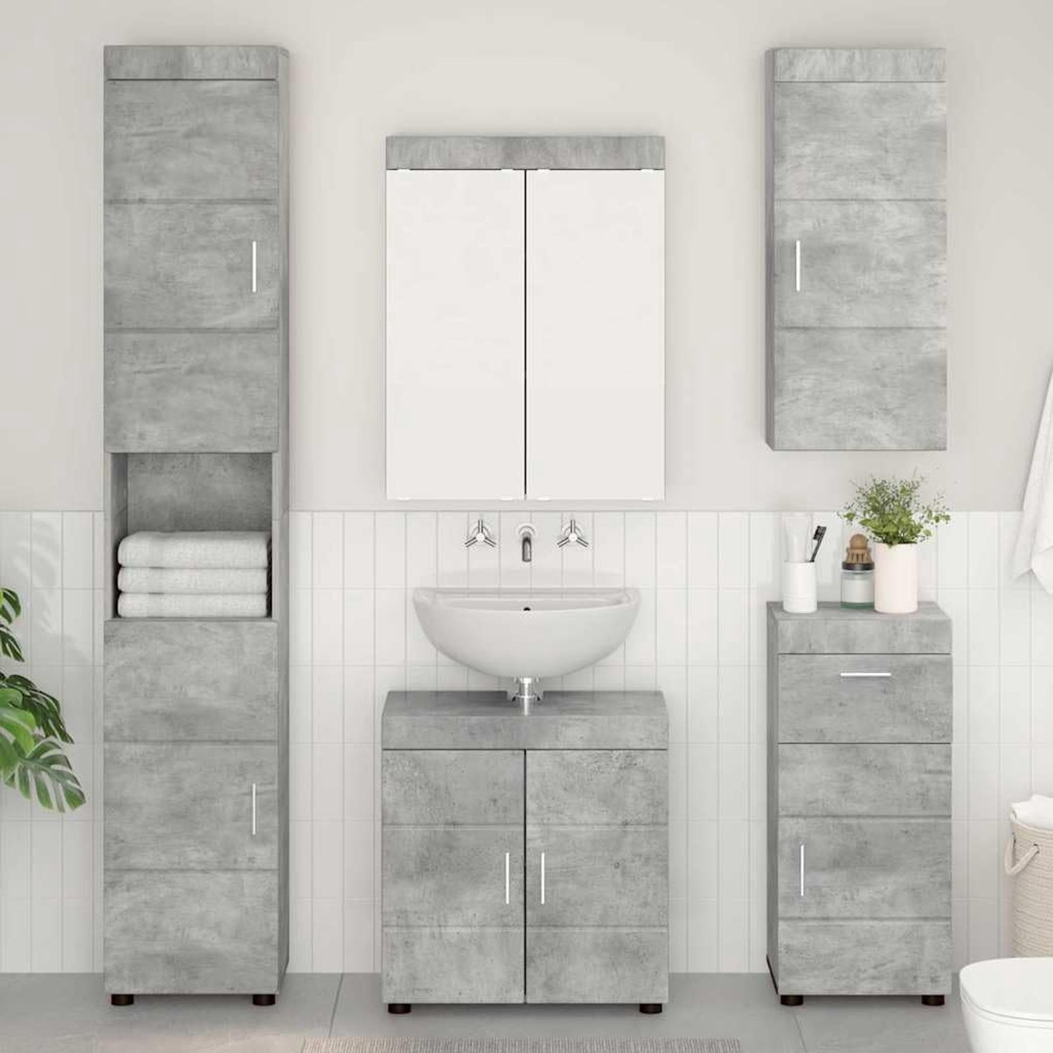 Tulum Badkamer-wandkast van beton, grijs, 37 x 24,5 x 86 cm, moderne houten kast met matte lak, opbergoplossing