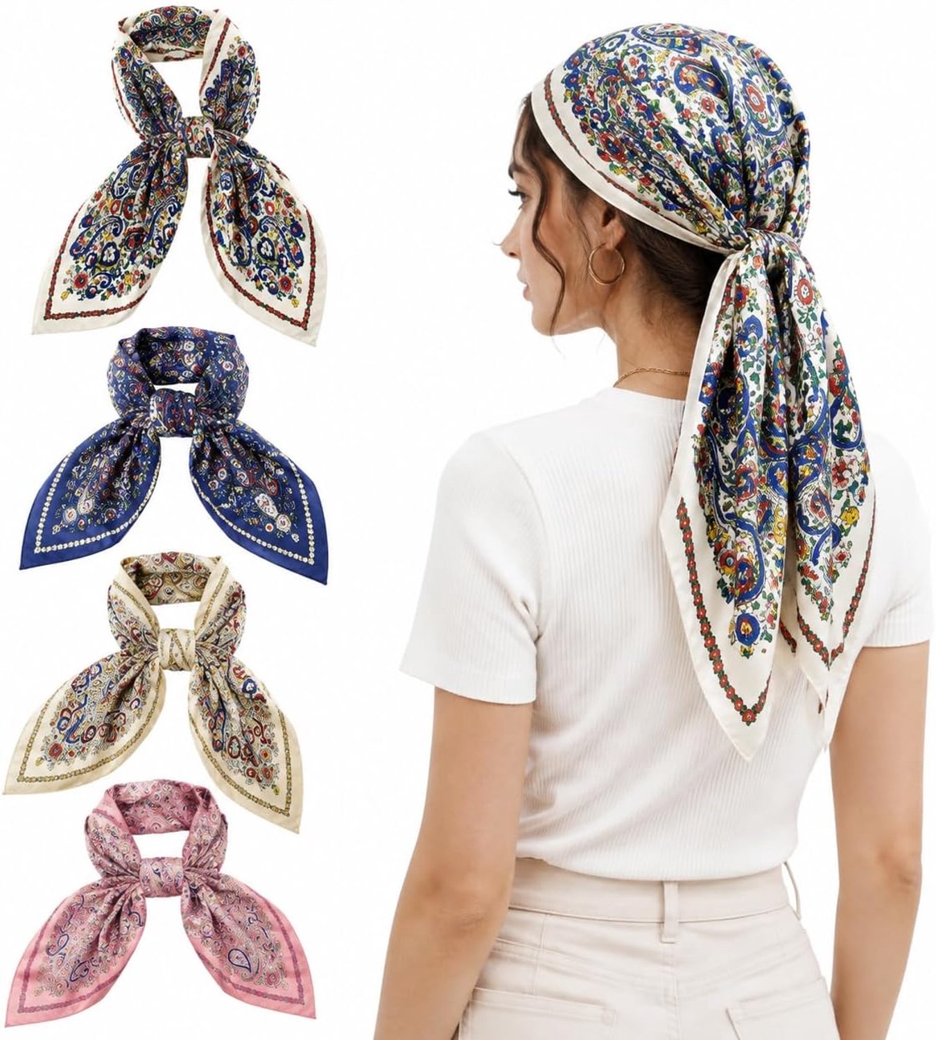 Vrouwen sjaal set van 4 - satijnen zijden vierkante bandana - lichtgewicht halsdoek - stijlvol haaraccessoire - ShopVlot