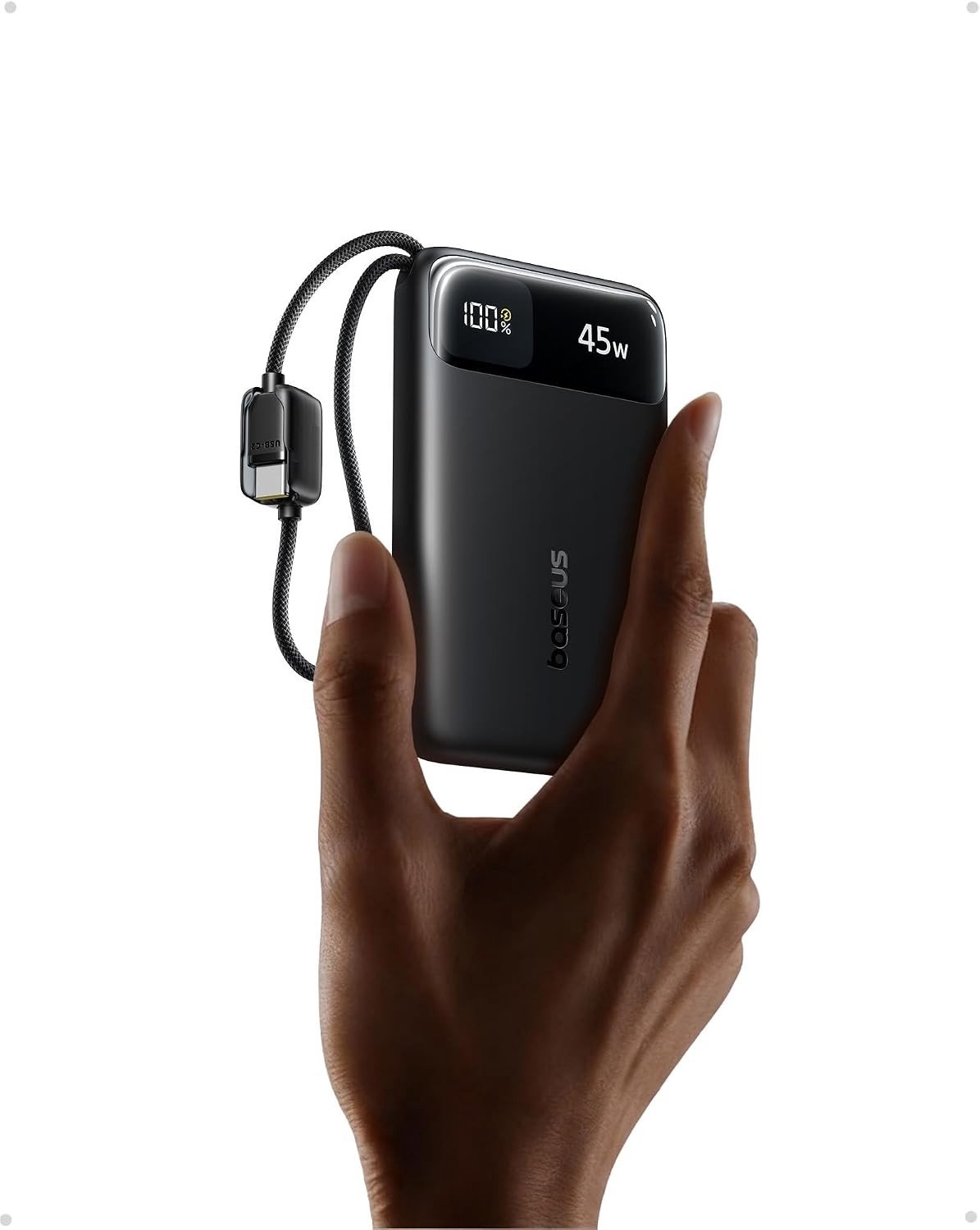 Krachtige Powerbank 10000mAh met 45W, 2 Geïntegreerde USB-C Kabels en LED Display voor iPhone en iPad, Compact en Handig voor Mobiele Apparaten