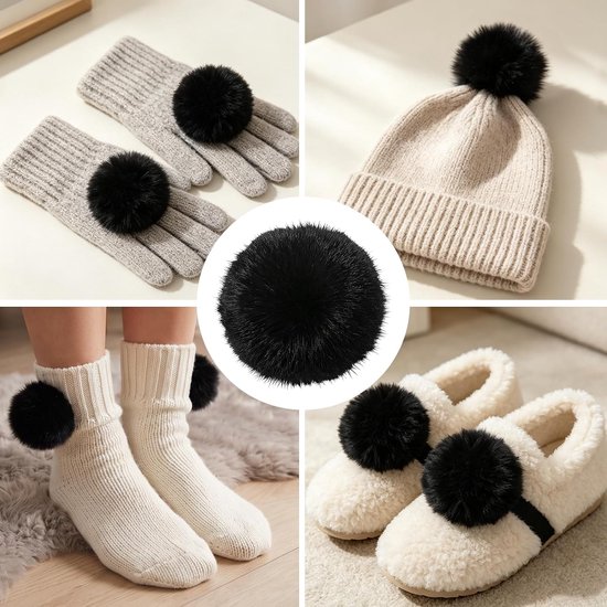 6 stuks pompons van imitatiebont met elastische, 7 cm pompon, zwart — afbeelding 2