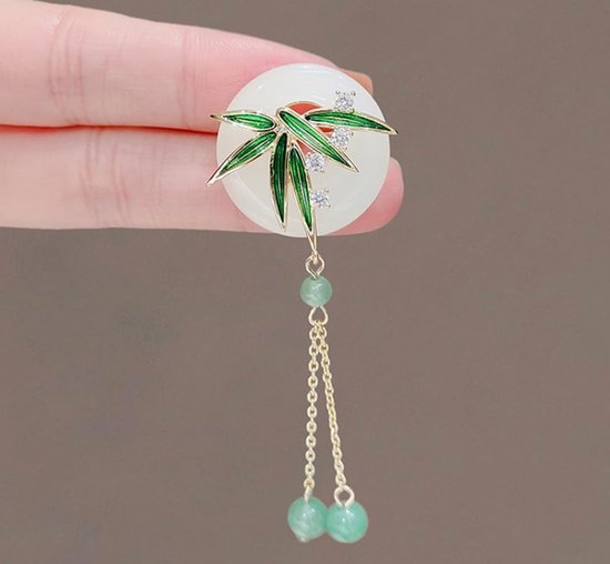 2 Stuks Faux Jade Bamboe Blad Broches, Vrouwen Chinese Stijl Bamboe Blad Kwastje Hanger, Cheongsam Jas Shirt Accessoires — afbeelding 2
