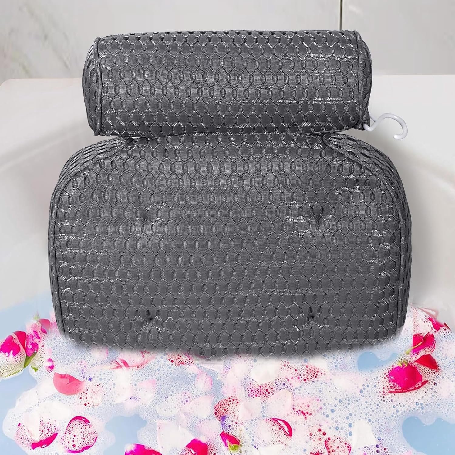 Badkussen voor badkuipondersteuning nek en rug, badkussen, badaccessoires voor badkuip, vrouwen, bubbelbadaccessoires voor volwassenen, grijs