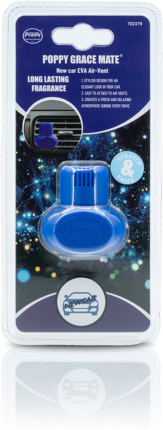 Poppy Grace Mate Air Freshener Card New Car - Luchtverfrisser voor de Auto - Langdurige Frisse Geur - Compact en Gemakkelijk te Plaatsen - Clip Bevestiging - Blauw - 4,5x4,5x1,8 cm