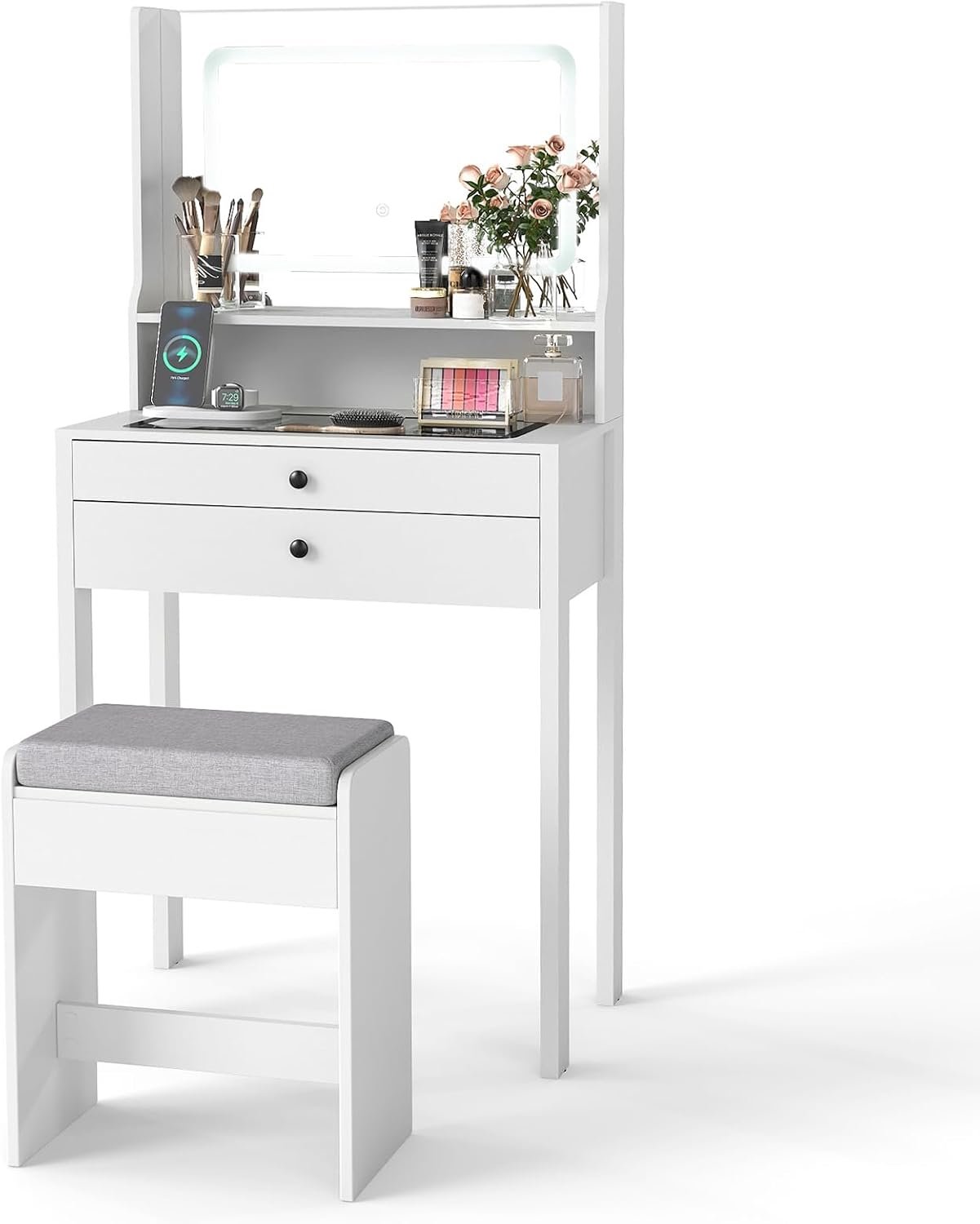 Costway Make-up tafel met gevoerde kruk, Cosmetica tafel met stopcontacten & 3-kleuren LED-spiegel, Kaptafel met glazen plaat, open plank & 2 laden (64 x 40 x 132 cm, Wit)