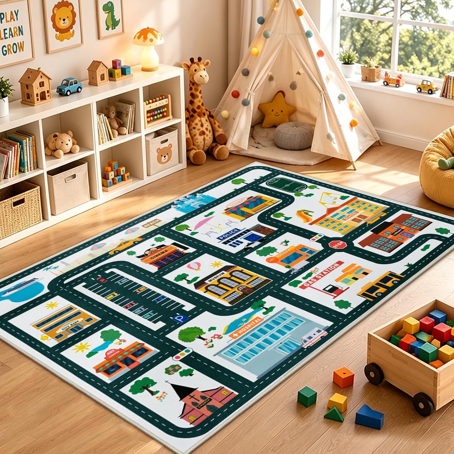 Capslpad Wasbare Speelmat voor kinderen, 120 x 160 cm, antislip | Laagpolig educatief leren kindertapijt, interactief kruipend vloerkleed voor kinderen, slaapkamer, speelkamer, kinderkamer