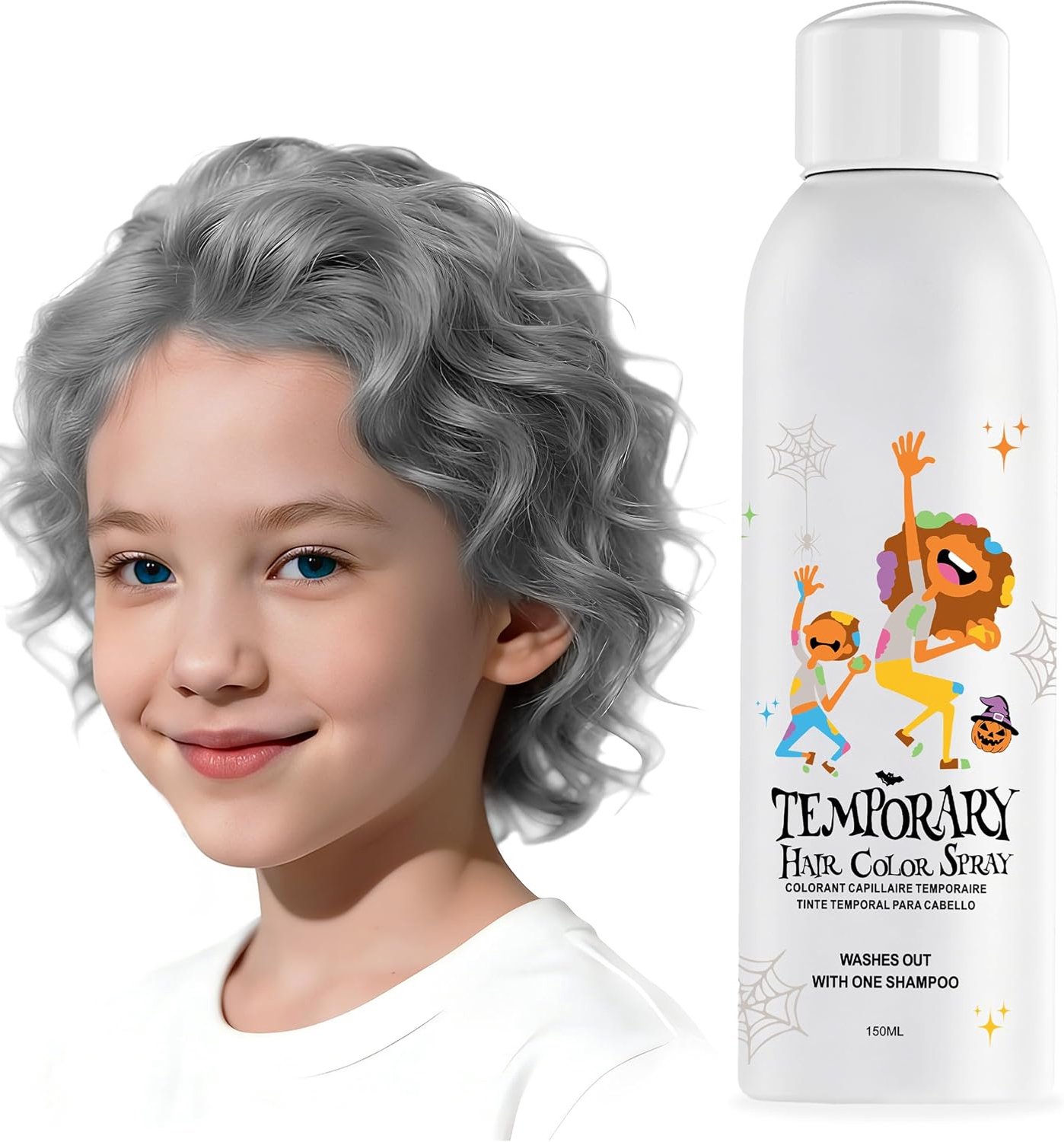 Tijdelijke haarverfspray voor kinderen, zilvergrijs, direct haarkleuralternatief voor jongens, meisjes, jongeren, mannen vrouwen, snelle styling voor feestjes, Kerstmis, Halloween, 150 ml
