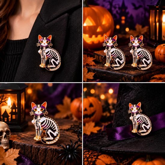2 stuks Halloween skelet kat broche spelden, emaille zwarte kat reversspeld met strass steentjes, milieuvriendelijke zinklegering gotische badge voor vrouwen mannen, pak jas rugzak hoed sjaal — afbeelding 3