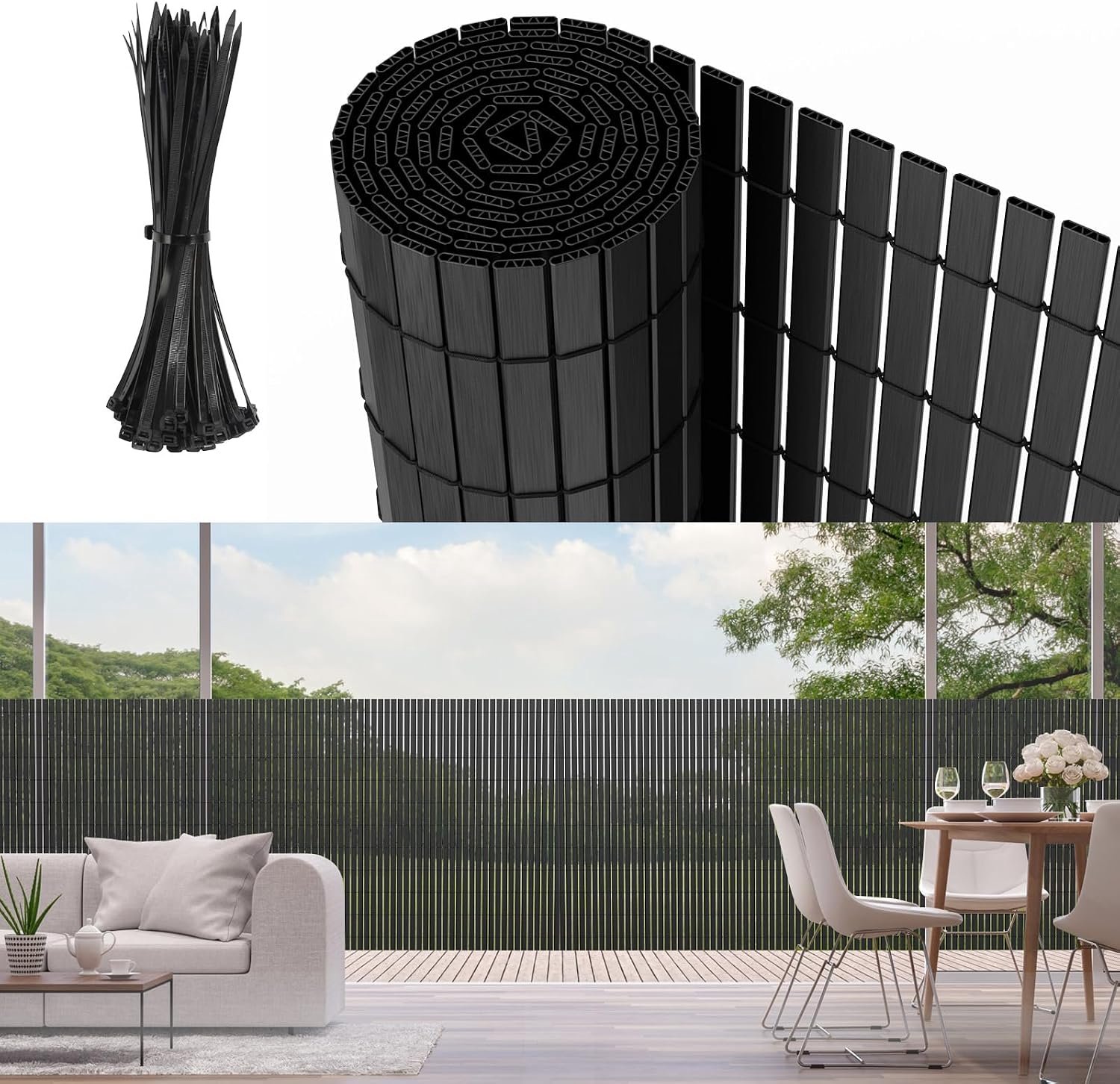 Inkijkbescherming van pvc, uv- en weerbestendig, bevestiging met meegeleverde kabelbinders, 80 x 500 cm, versterkt met 3 latten, privacyhek voor tuin, balkon en zwembad, antraciet