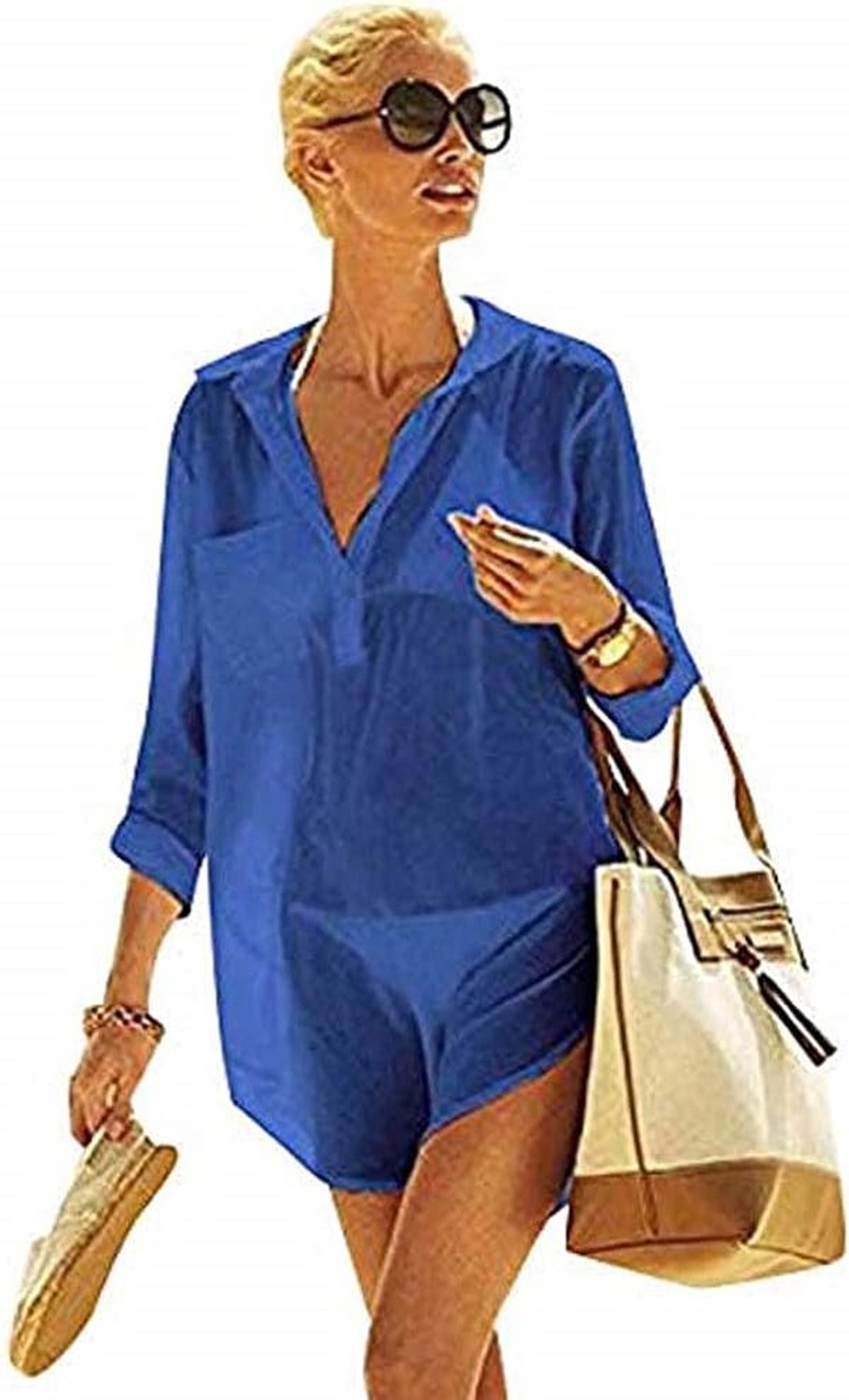 Badpak voor dames van katoen, zomer, strandjurk, bikinihoes, bikini cover-up cover-up badpak, parei, blouse, shirt, tuniek, Blauw, Eén maat