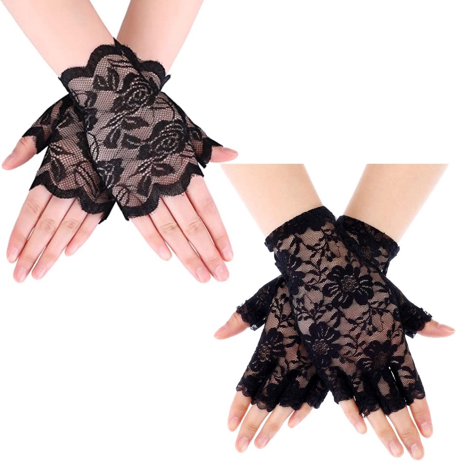 2 paar korte kanten handschoenen bloemen vingerloze handschoenen kant halve vinger handschoenen retro opera party handschoenen voor bruiloft Halloween maskerade carnaval thema party - zwarte stijl 3, zwart, Eén Maat