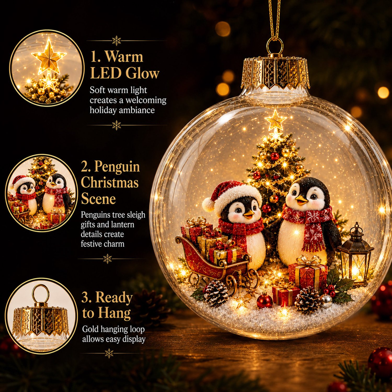 Verlichte transparante kerstbal ornament met pinguïn thema- 2D winter kerstprint- lichtgewicht PET kunststof- diameter 10 cm- met ophangring- feestdecoratie voor kerstboom- tafel en raam – foto 5