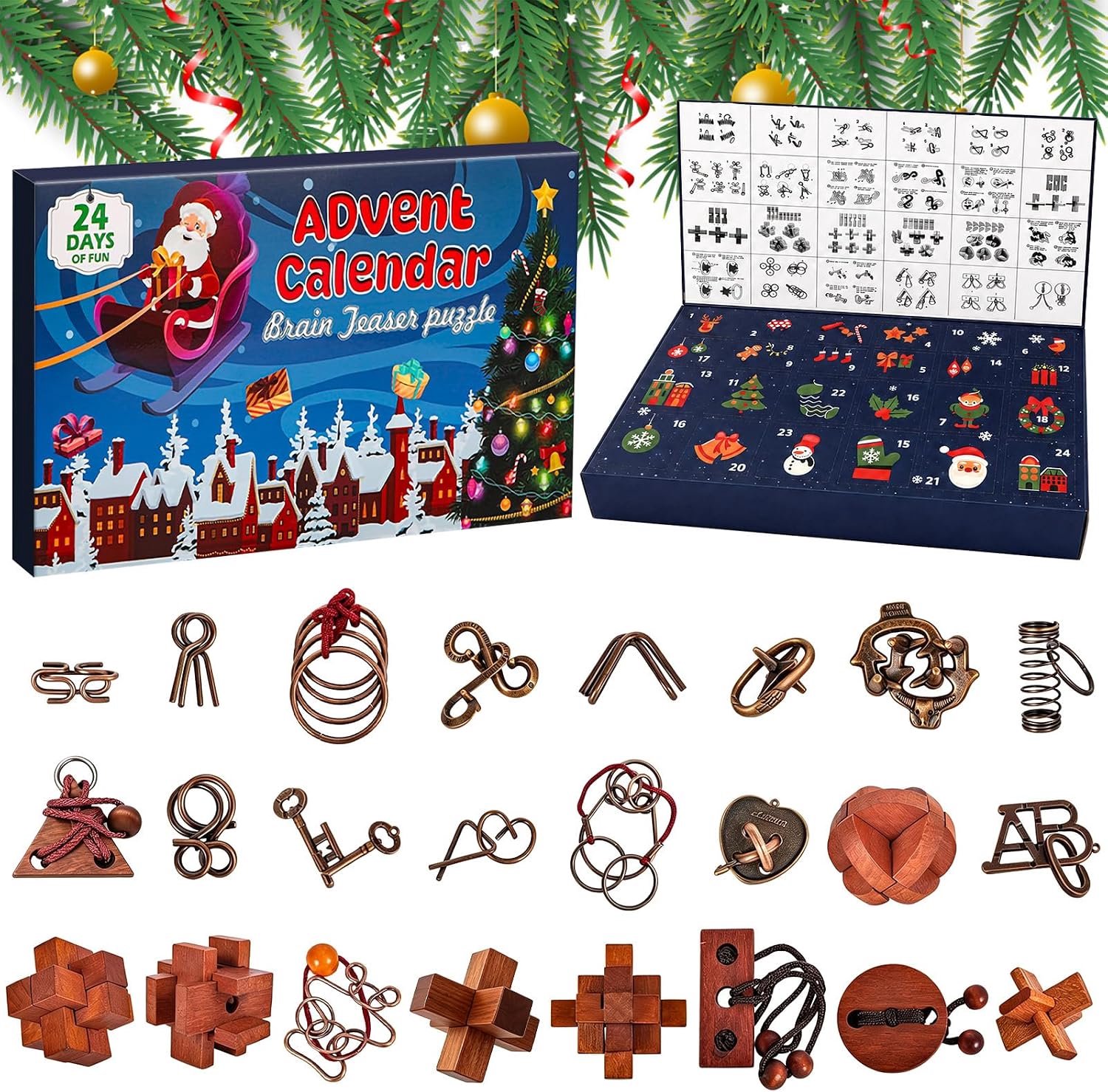Adventskalender 2026 puzzelspellen, aftelkalender tot 2026, 24-dagen kerstkalender, aftelkalender 2026, met metalen ringen en houten IQ-puzzels, IQ-spellen en logicraadsels voor volwassenen