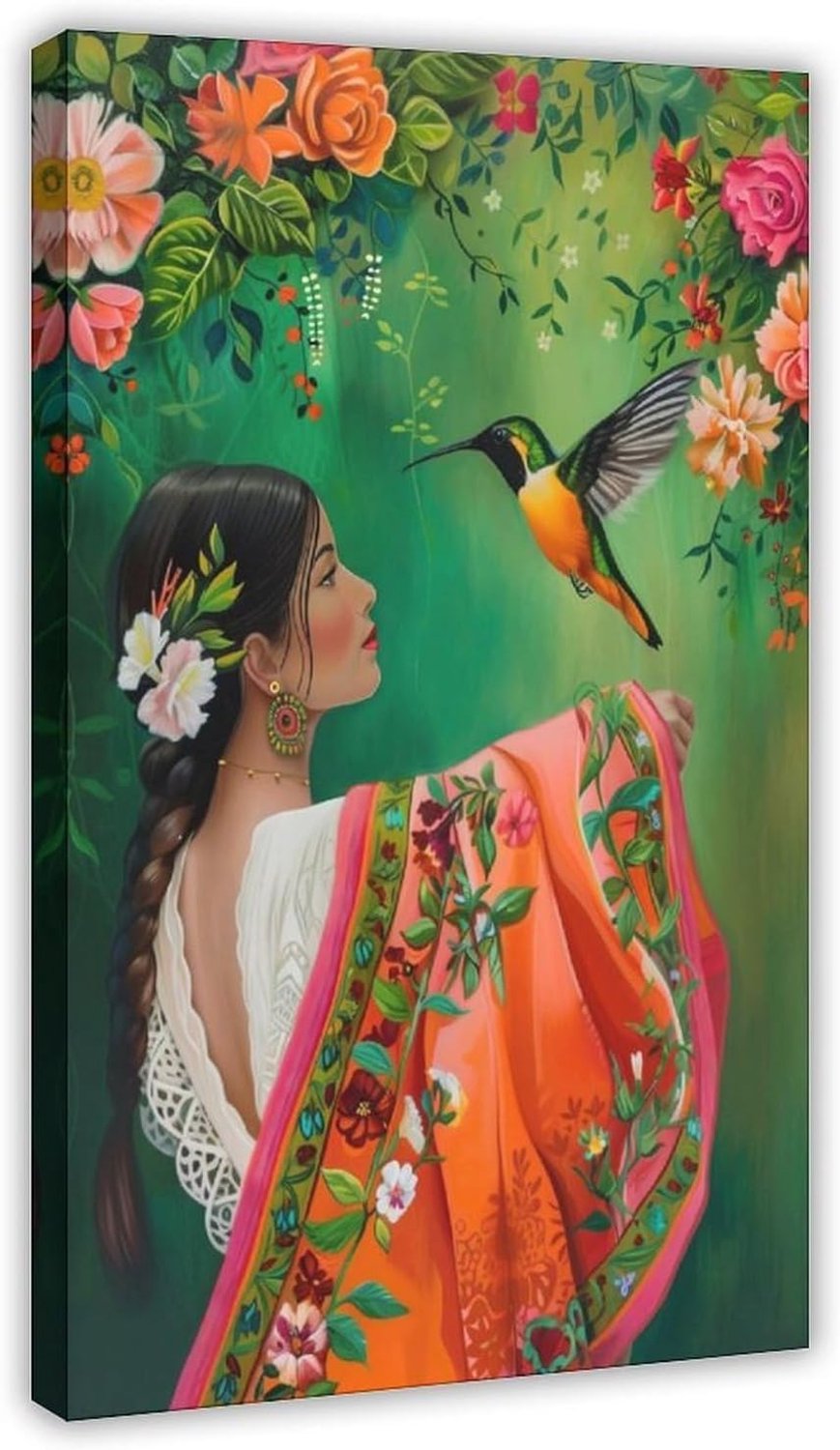 Kunstdruk op canvas, vrouwen en Mexicaanse kolibrie, Latijns-Amerika, boho, muurkunst, voor woonkamer, slaapkamer, 20 x 30 cm