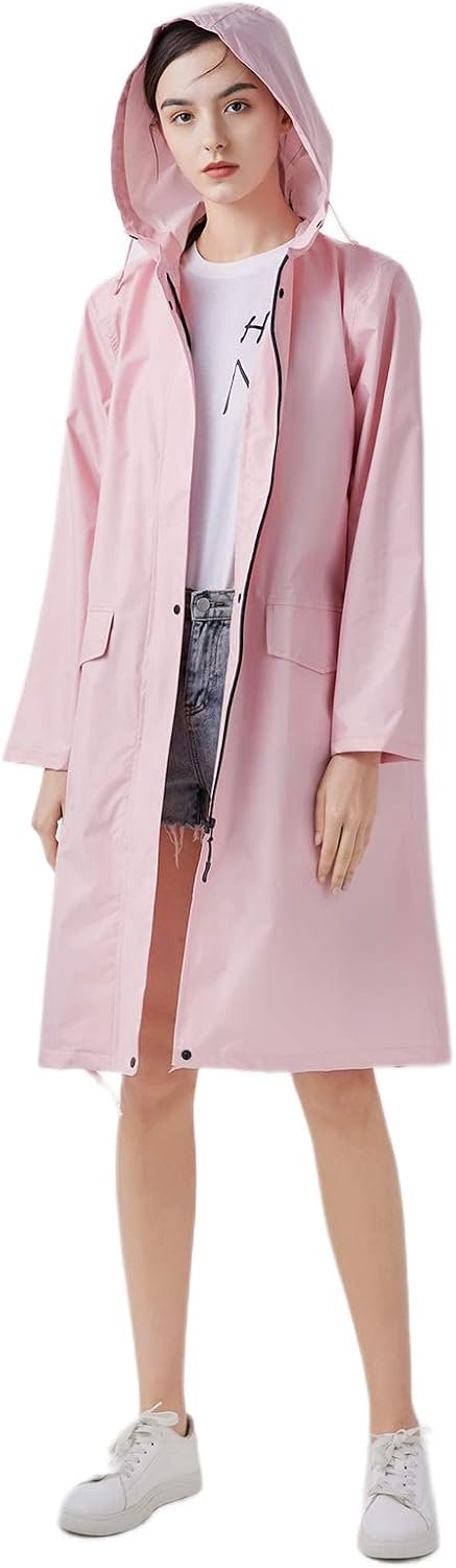 Freesmily Stijlvolle lange regenjas voor dames, met waterdichte regenjas met capuchon, roze, L