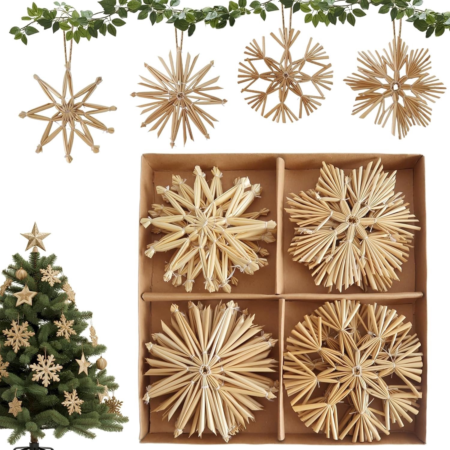 Strosterren Set - Natuurlijk - 11 cm - Rustieke Kerstdecoratie - Voor Kerstmis en Feesten
