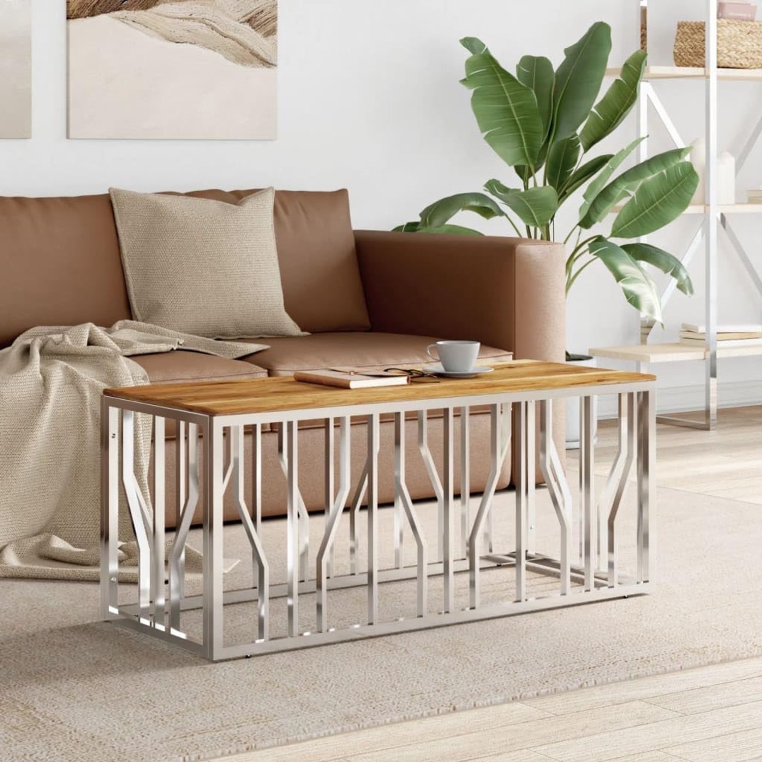 Salontafel van zilverkleurig roestvrij staal en massief acaciahout, robuuste salontafel met stabiel tafelblad, modern design voor de woonkamer, onderhoudsvriendelijk en duurzaam